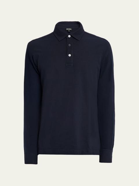 Men's Leather-Trim Cotton Long-Sleeve Polo Shirt