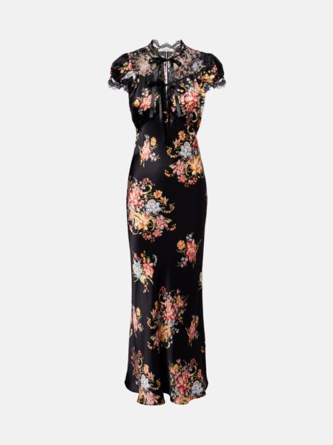 Floral lace-trimmed silk midi dress