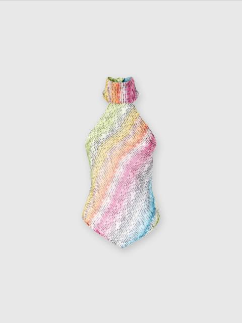 Sleeveless turtleneck top in printed cotton and silk blend