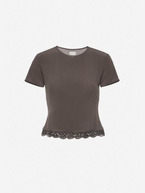 Fitted t-shirt with crochet trim in brown