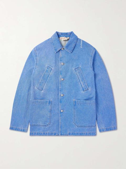 Logo-Embroidered Bleached Denim Jacket