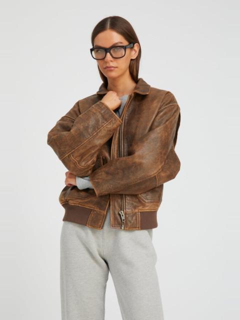 BROWN DISTRESSED LEATHER AVIATOR JACKET