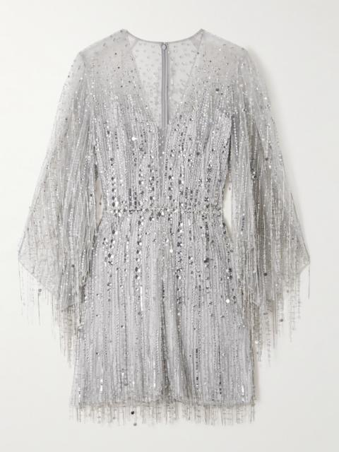 Oberon Ammonite Embellished Fringed Organza Mini Dress