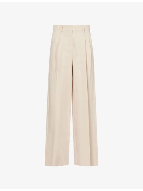 Pleat Wide-Leg Linen-Blend Trousers