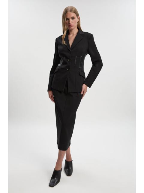 Ponte And Pu Mix Waist Seam Detail Tailored Single Breasted Blazer
