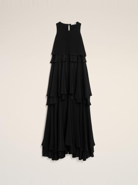 BLACK BLENDED SILK LONG DRESS WITH RUFFLES