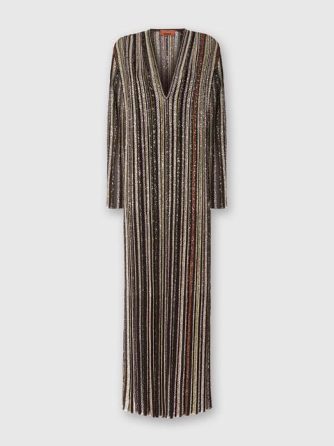 Long Dress with V-Neck and Herringbone Stripe Knit