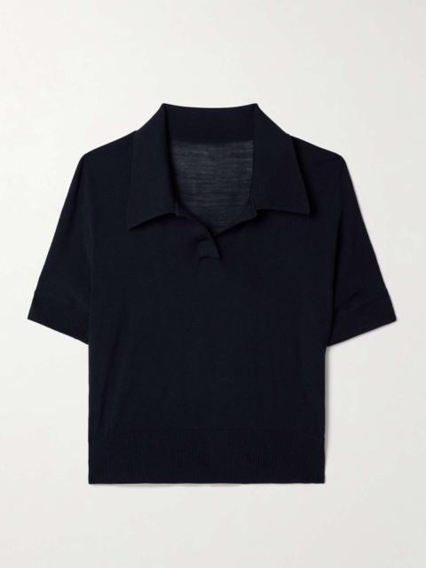 Morgane cropped wool-blend polo top Navy