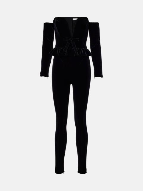 Bow-detail ruffled off-shoulder velvet jumpsuit