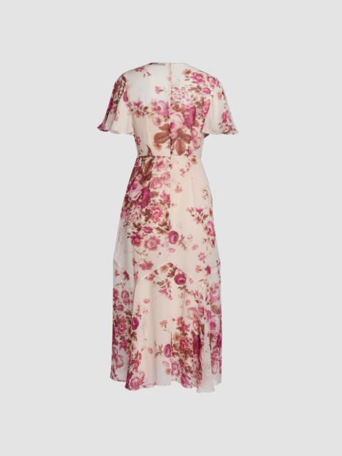 FLORAL PRINT SILK VOILE FIT AND FLARED MIDI DRESS
