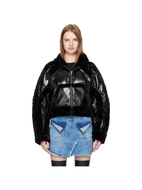 Black Fitted Multiline Faux-Fur Jacket