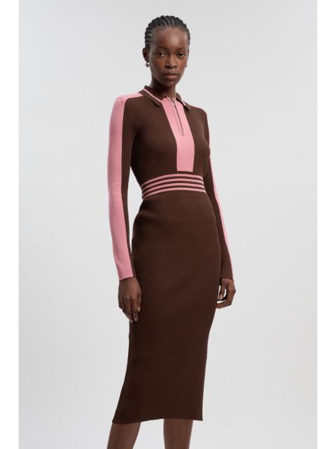 Rib Knit Polo Zip Up Midi Dress