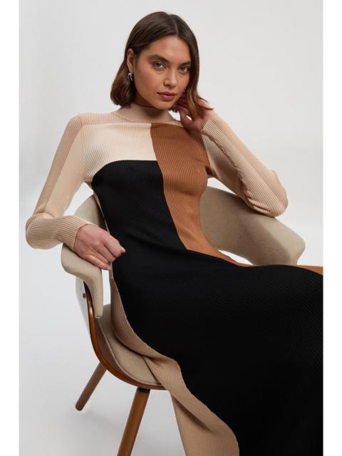 Slinky Viscose Colour Block Full Skirted Knit Midi Dress
