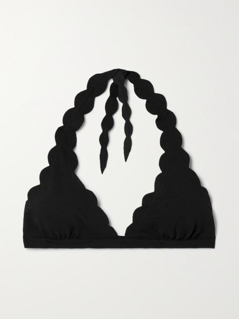 Spring Scalloped Stretch Recycled-crepe Halterneck Bikini Top