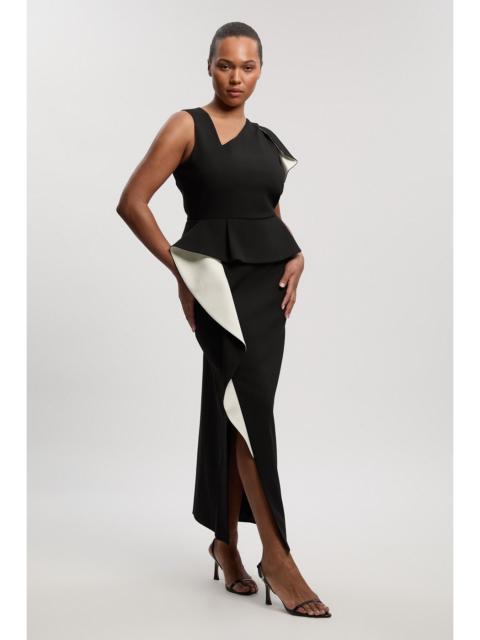 Plus Size Compact Stretch Ruffle Peplum Belted Pencil Midi Dress