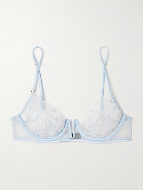 Mathilde silk-blend satin-trimmed embroidered tulle underwired bra Light blue