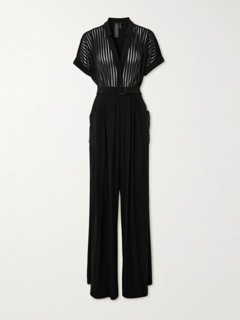 Geralyn belted paneled jersey and mesh jumpsuit Black