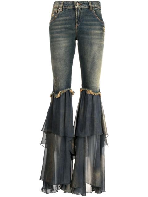 chiffon-ruffled detailing flared jeans