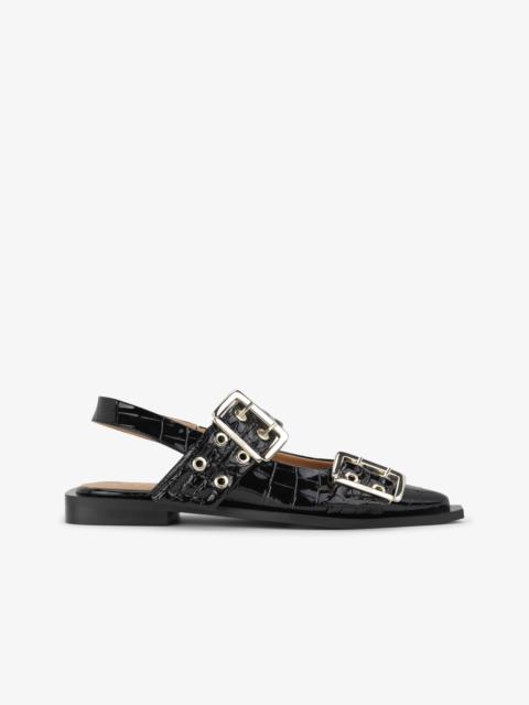 FEMININE BUCKLE BALLERINAS IN BLACK CROCO PATENT