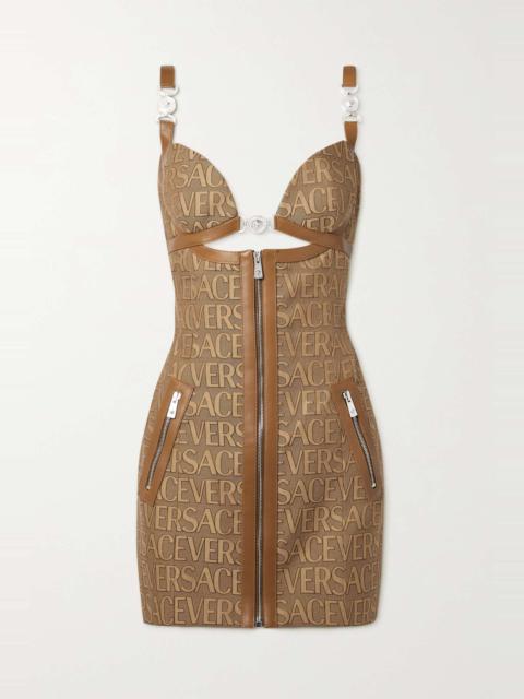 Embellished leather-trimmed cutout canvas-jacquard mini dress