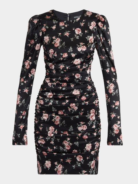 Small Rose Bouquets-Print Long Satin Dress