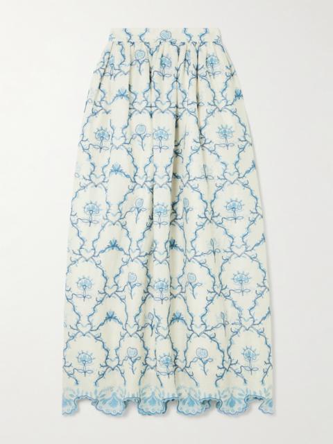 Tangelo Gathered Embroidered Linen Maxi Skirt