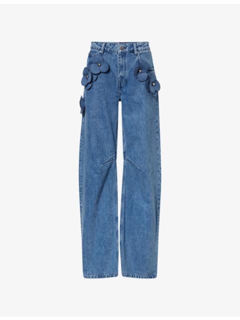 Floral-Motif Barrel-Leg Denim Jeans