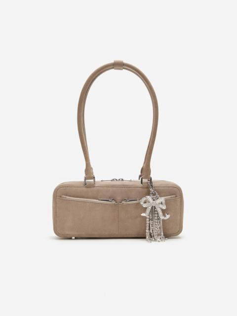 Grey Suede Baguette Shoulder Bag With Charm