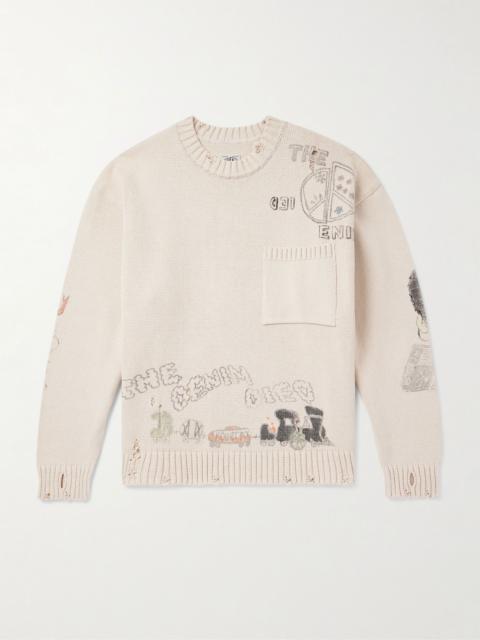 Distressed Printed Cotton Sweater Ecru