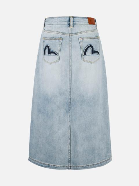 Washed Deconstructed Seagull Fashion Fit Demin Midi Skirt