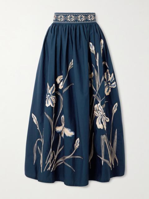 Ombretta Iris Pleated Embroidered Cotton-blend Poplin Midi Skirt