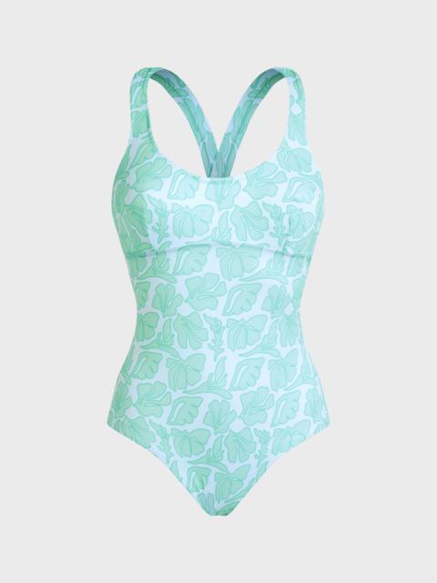 WOMEN CROSSED BACK STRAPS ONE-PIECE SWIMSUIT SEASHELLS