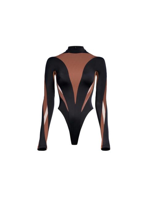 Mugler H&M Mesh-Paneled Bodysuit Dark Brown/Black