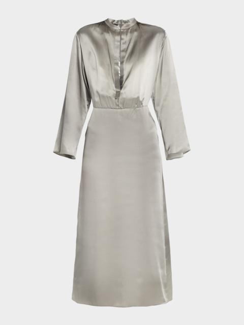 Ombre Print Silk Long-Sleeve Midi Dress