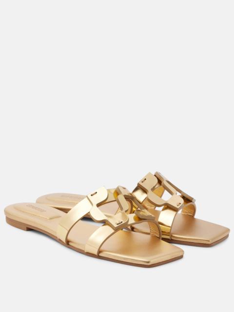 Logo metallic leather slides