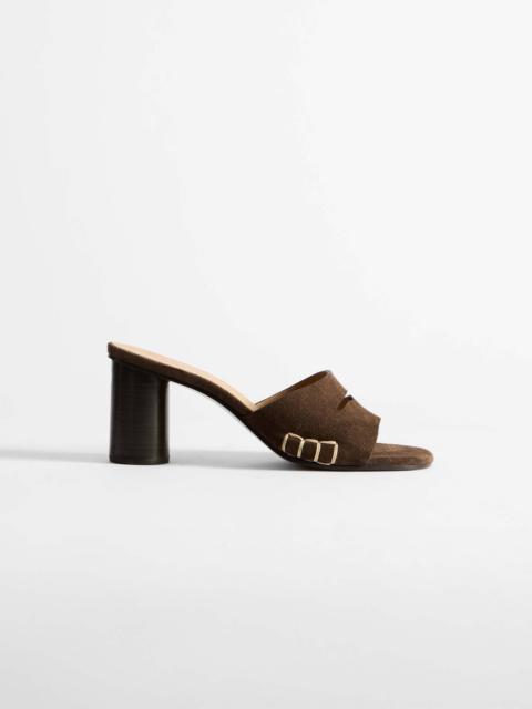 WOMENS LOAFER MULE HEELED SANDAL IN CHOCOLATE BROWN