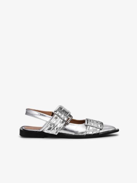 SILVER METALLIC FEMININE BUCKLE BALLERINAS