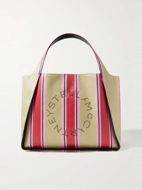 Vegetarian leather-trimmed studded striped raffia tote