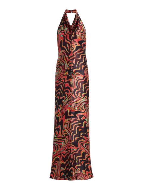 Printed Satin Cowl-Neck Halter Gown red