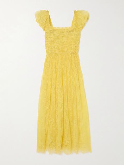 Pamelina ruffled shirred lace midi dress Yellow