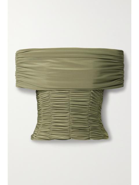 Convertible Off-the-shoulder Ruched Jersey Top