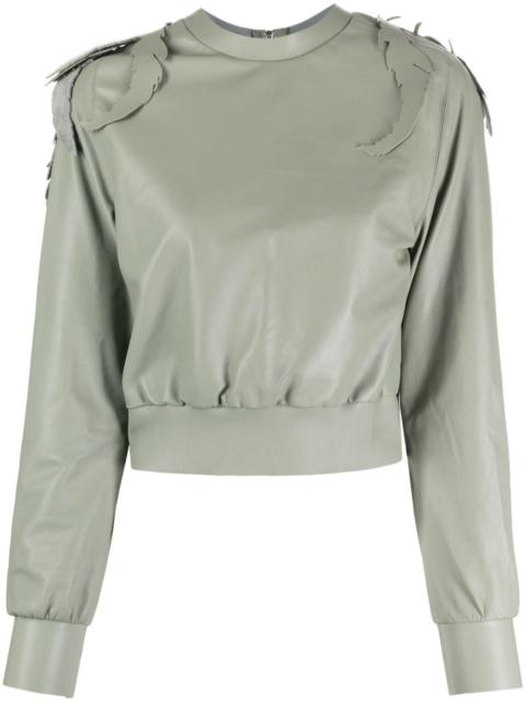 leaf-embroidered leather sweatshirt