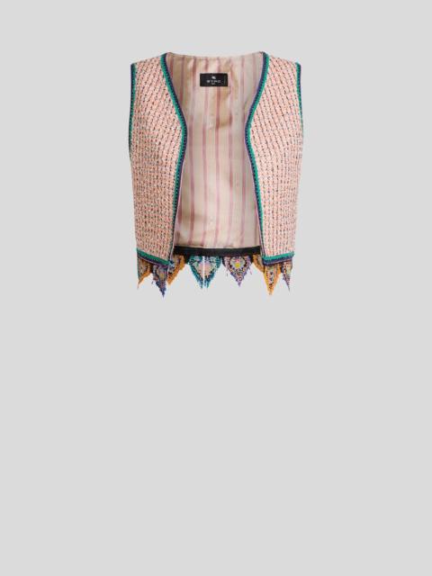 CROPPED JACQUARD WAISTCOAT WITH TWEED EFFECT, FRINGING AND CHECK MOTIF