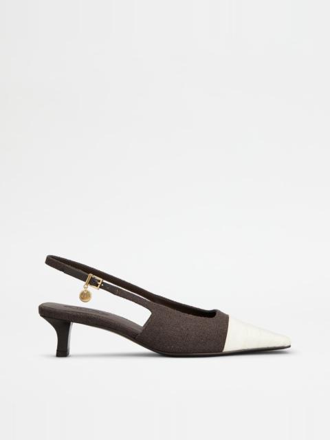 SLINGBACK PUMPS IN CANVAS AND LEATHER - BROWN, OFF WHITE