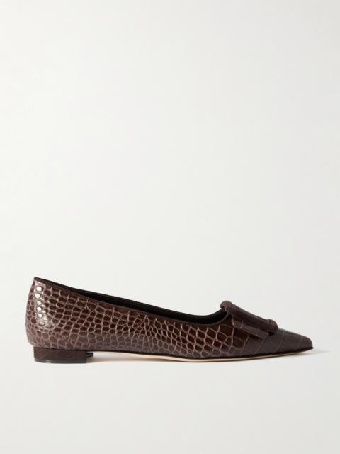 Maysale 10 Buckled Suede-trimmed Croc-effect Leather Point-toe Flats