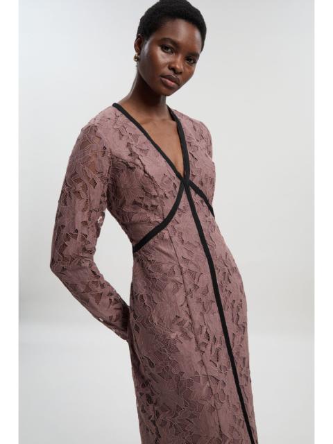 Petite Lace with black taping long sleeve woven maxi dress