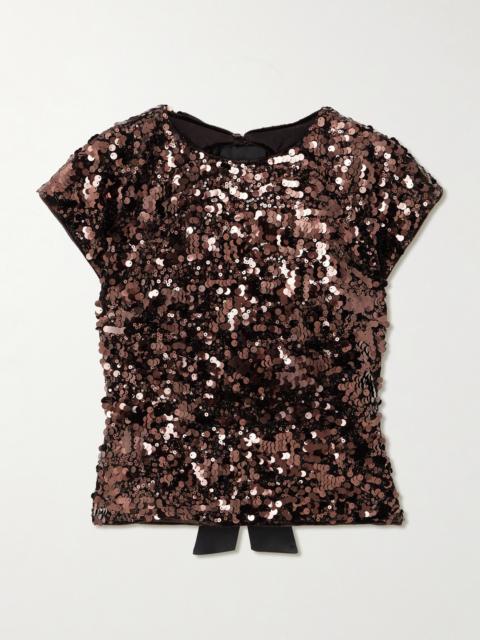 Bow-detailed Satin-trimmed Sequinned Velvet Blouse