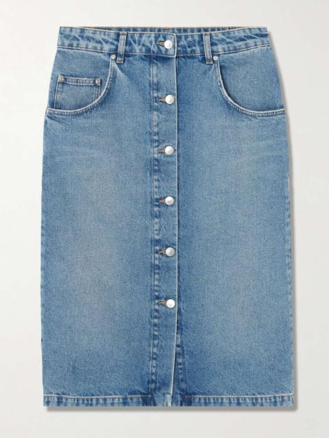 Embellished organic denim midi skirt