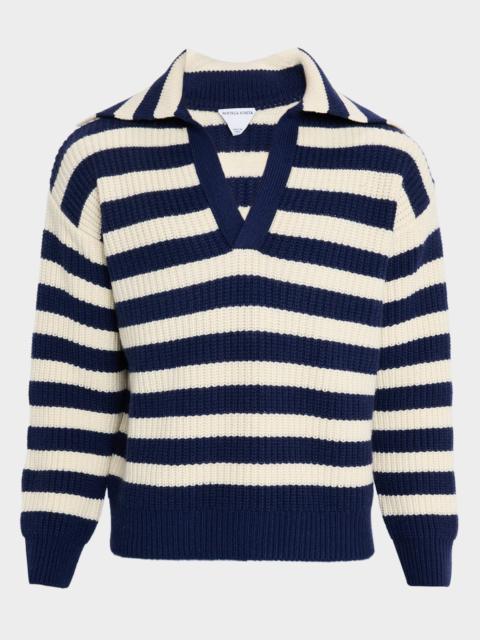 Men's Wool and Cashmere Stripe Knit Johnny-Collar Sweater