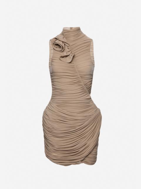 High-neck draped mini dress in beige